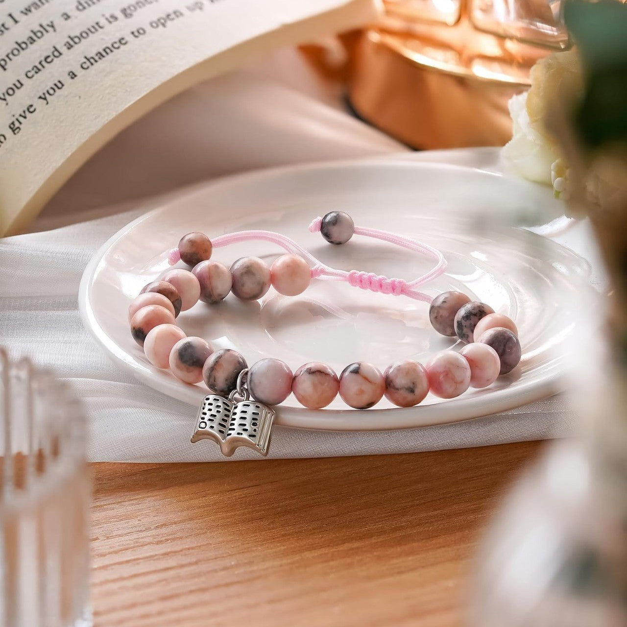 Sweet Zebra Print Stainless Steel Book Pendant Braided Bracelet for Women