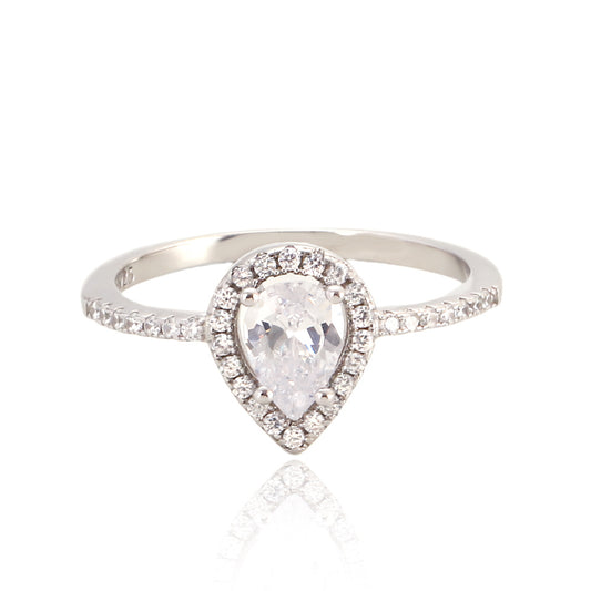 Elegante anillo de plata de ley 925 con forma de lágrima y brillantes detalles de circonita para mujer