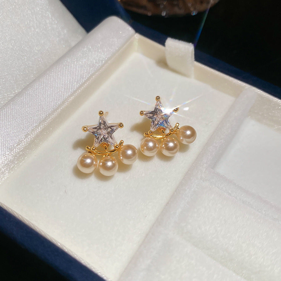 Elegantes pendientes de perlas con circonitas en forma de estrella, minimalistas, para mujer, con postes de acero inoxidable