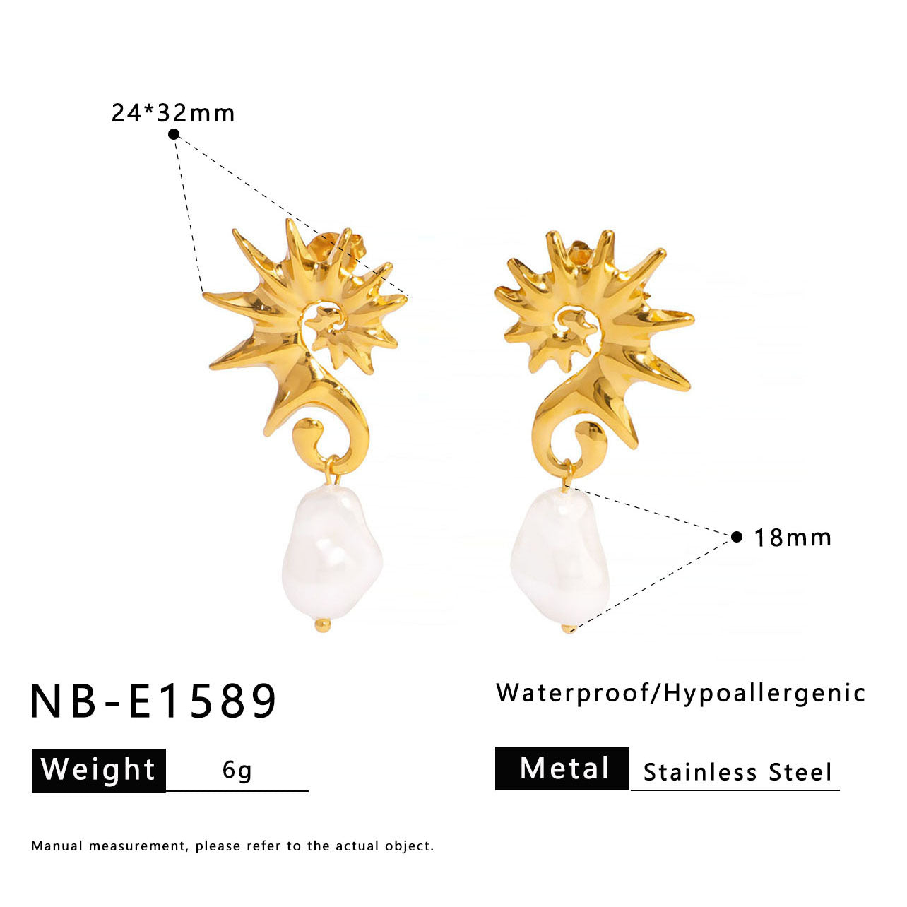 Orecchini pendenti da donna a forma di cavalluccio marino geometrico in acciaio inossidabile con placcatura in oro 18 carati e accento di perla barocca