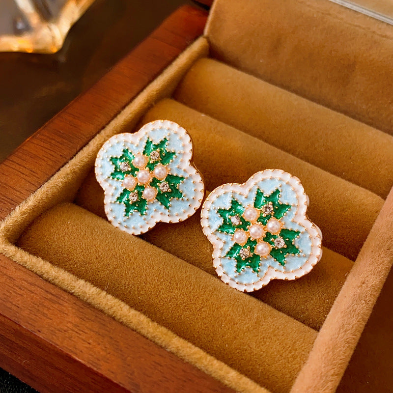 Vintage Art-Inspired Enamel Square Stud Earrings for Women with Stainless Steel Posts
