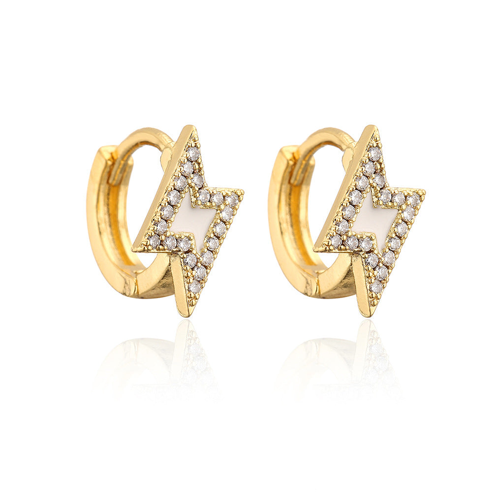 Orecchini minimalisti geometrici in rame con placcatura in oro 18 carati e design a fulmine in zircone smaltato da donna