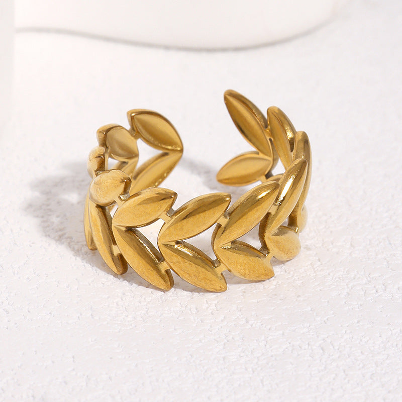Minimalist Sweet Leaf Shape Gold Plated Stainless Steel Ring for Women