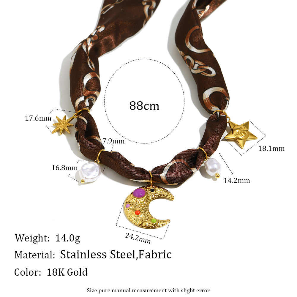 Collana da donna a sciarpa in seta con luna e stella placcata oro 18 carati in acciaio inossidabile geometrico minimalista