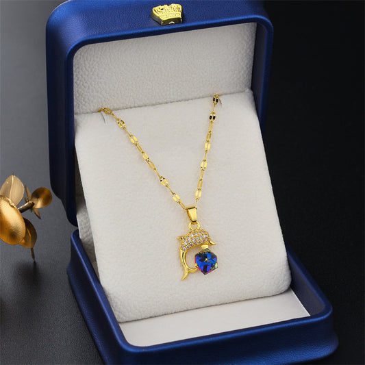 Cartoon Dolphin Pendant Necklace in Titanium Steel with Rhinestone Inlay, Polished and Plated, Fresh and Sweet Style for Women