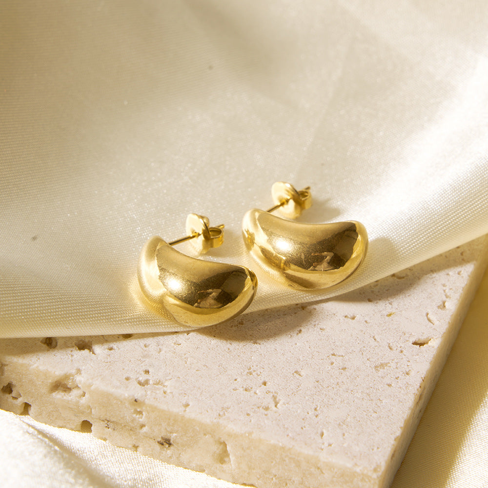 Minimalist Geometric Stainless Steel 18K Gold Plated Asymmetrical Hoop Earrings with Hollow Gold Bead Detail