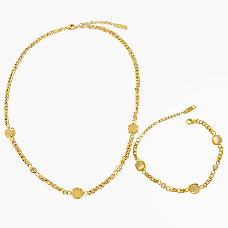 Fashion Titanium Steel Plated Cat's Eye Necklace and Bracelet Set for Unisex
