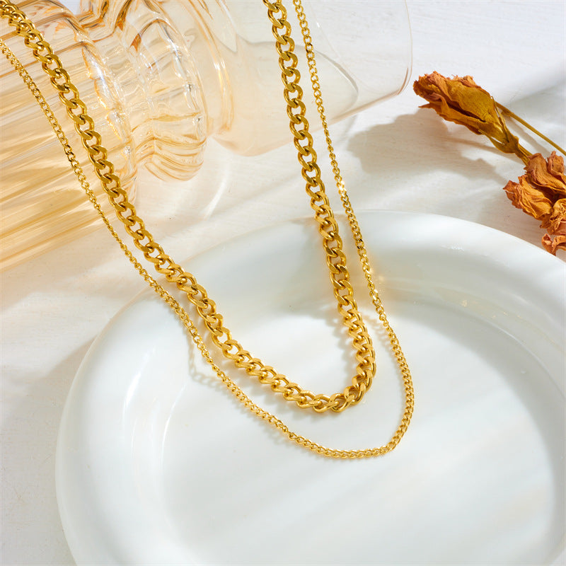 Minimalist Punk Hip Hop Double Layer Titanium Steel Gold Plated Necklace for Women