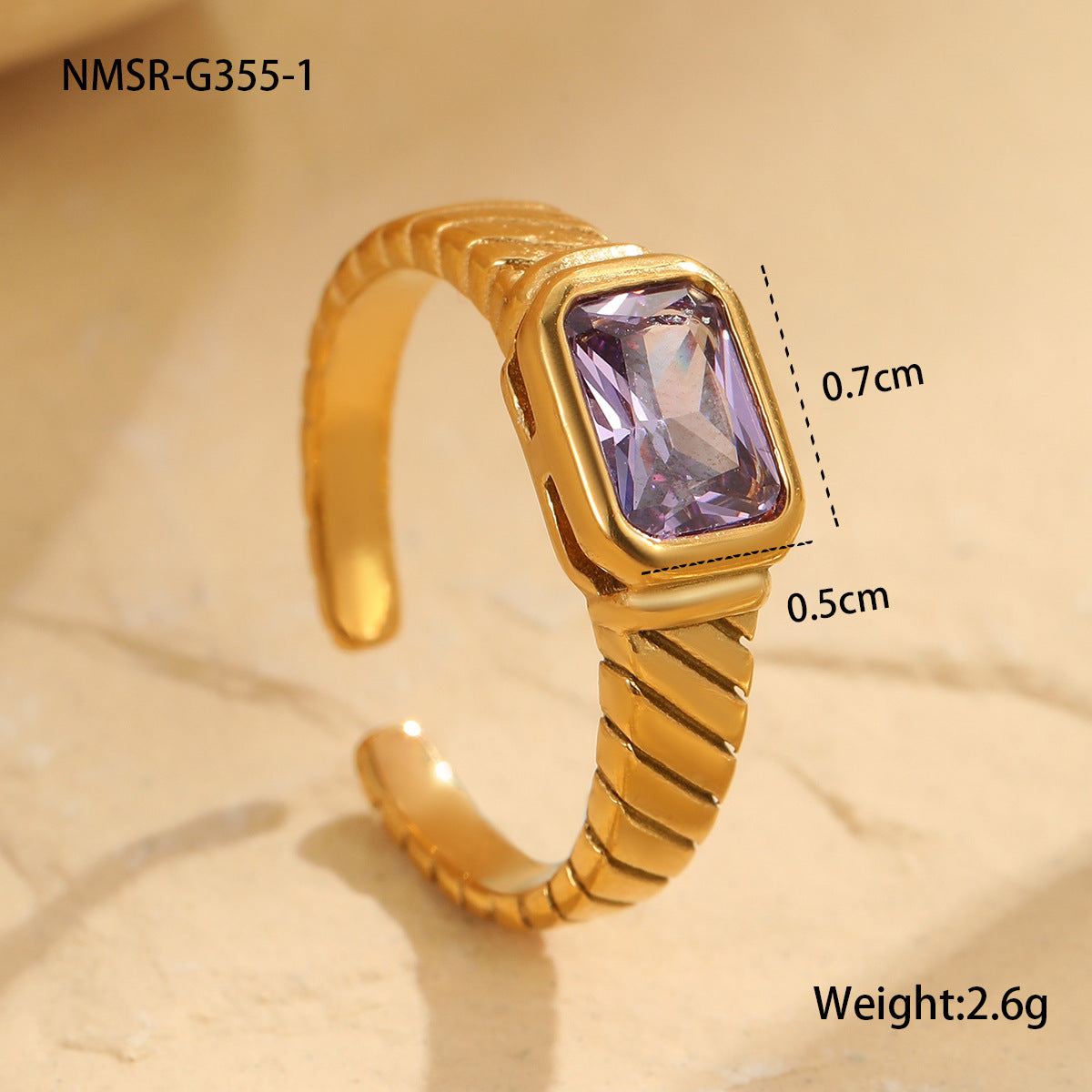 Anillo cuadrado de circonita geométrica vintage de acero inoxidable con chapado en oro de 18 quilates para mujer