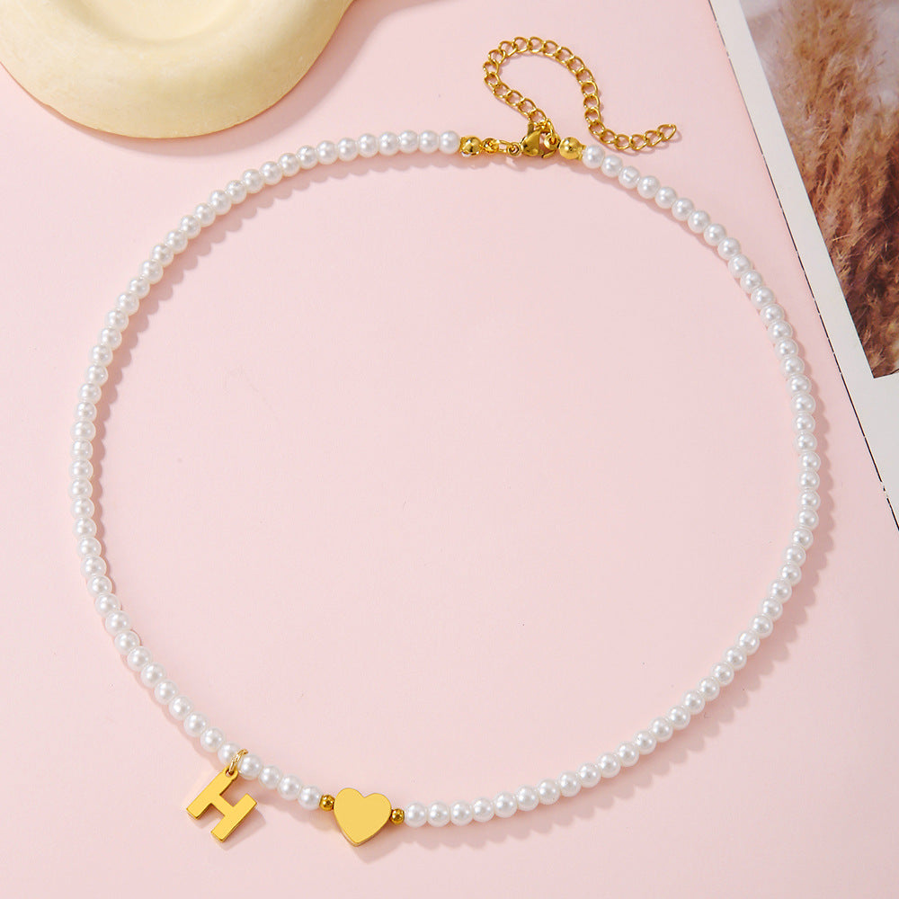 Minimalist Letter Heart Stainless Steel Pearl Necklace Women Cable Chain