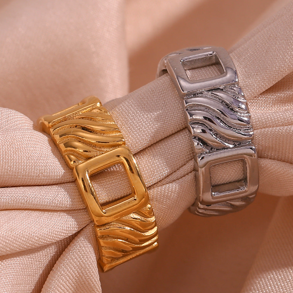Vintage Geometric Stainless Steel Plated 18K Gold Square Ring for Women