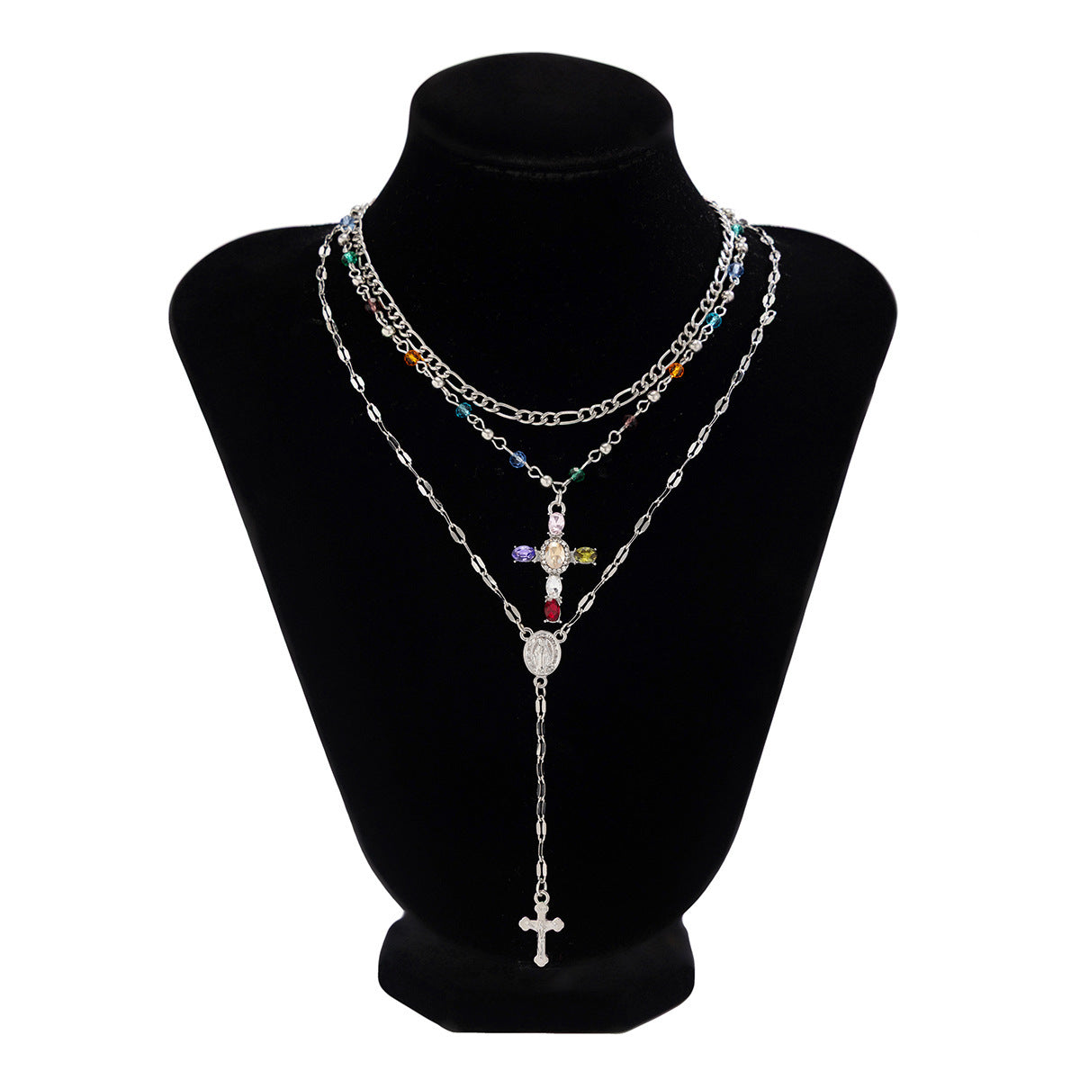 Collar casual chapado en aleación con diseño floral geométrico de corazón y cruz, con incrustaciones de cristal y estrás para mujer