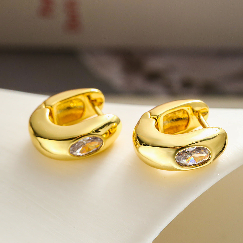 Minimalist Geometric Copper Hoop Earrings with Gold Plating and Zircon Inlay for Women