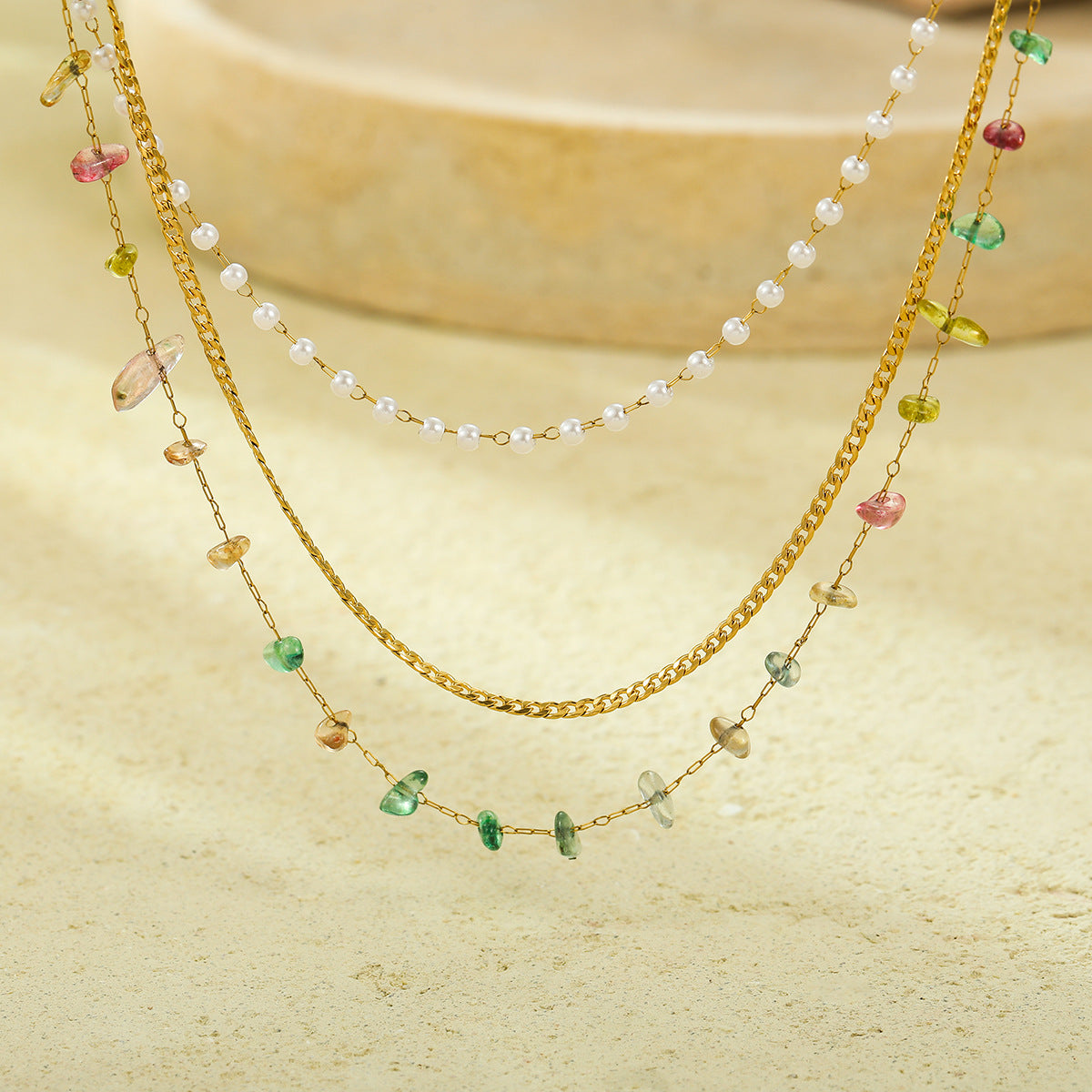 Fashionable Minimalist Multi-Chain Pearl and Colored Rhinestone Pendant Necklace in Stainless Steel with 18K Gold Plating for Women