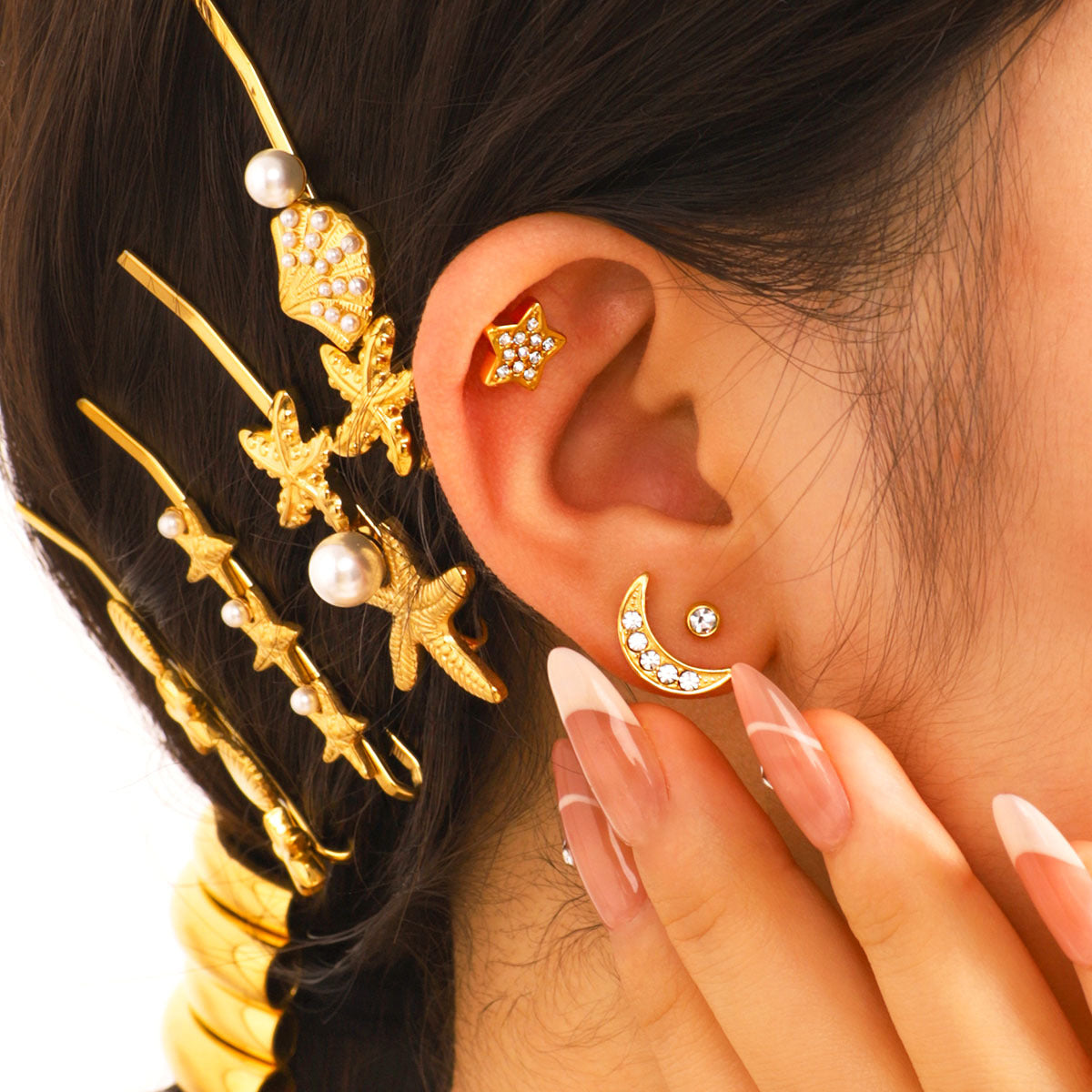 Set di orecchini minimalisti in acciaio inossidabile a stella e luna con placcatura sottovuoto in oro 18 carati da donna
