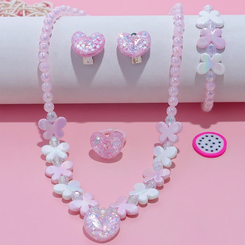 Set de collar de mariposa estilo caricatura para niños con dije de resina en cadena de cuentas con formas de corazón, estrella y flor