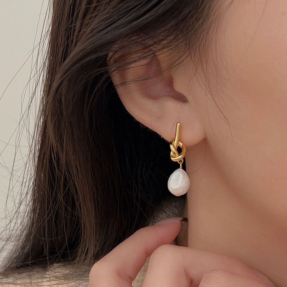 Minimalist Korean-Style 925 Sterling Silver Knot Pearl Stud Earrings with Geometric Beveled Cubic Accent
