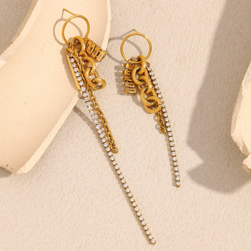 Fashionable Geometric Stainless Steel 18K Gold Plated French Zircon Dangle Earrings for Women