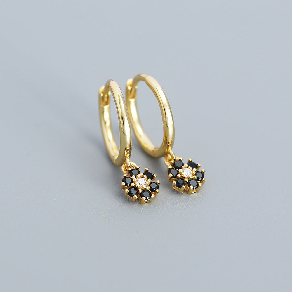 Minimalist Floral Geometric Earrings in 925 Sterling Silver with Blue Zircon Inlay