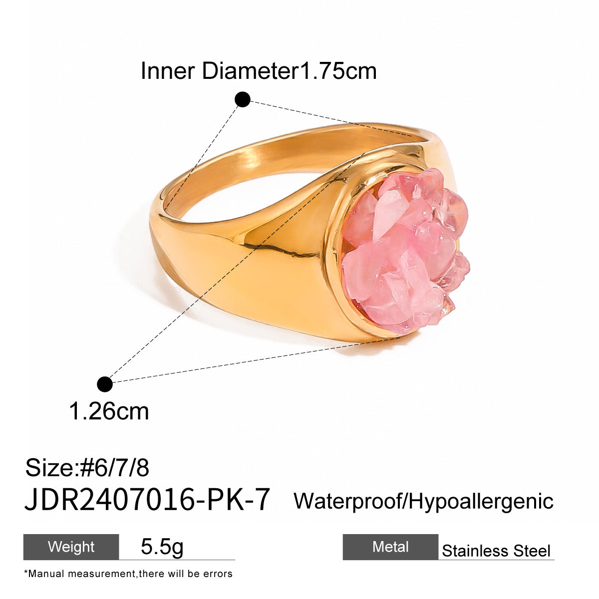 Square Plated Stainless Steel Ring with Natural Gemstone for Women