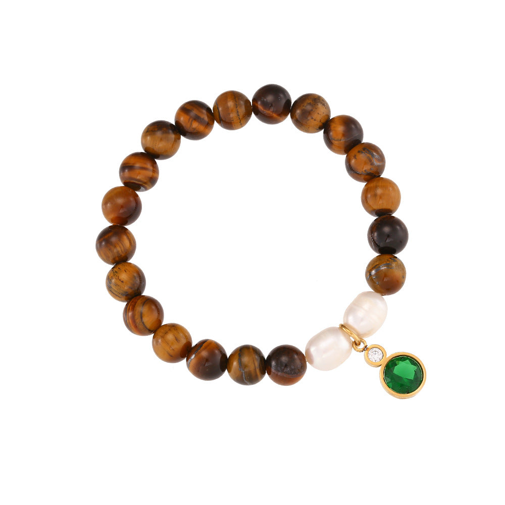 Bracciale da donna alla moda in acciaio inossidabile placcato oro 18 carati, con perline di pietra naturale e zirconi geometrici