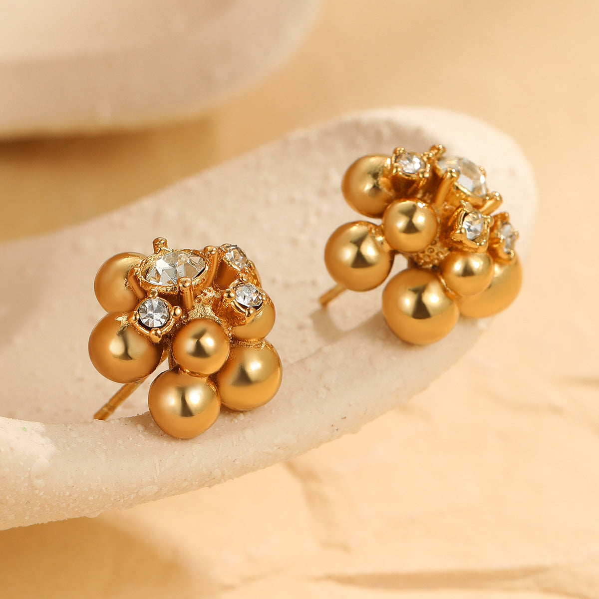 Minimalist Floral Stainless Steel Stud Earrings with Zircon Beads and Geometric Accents