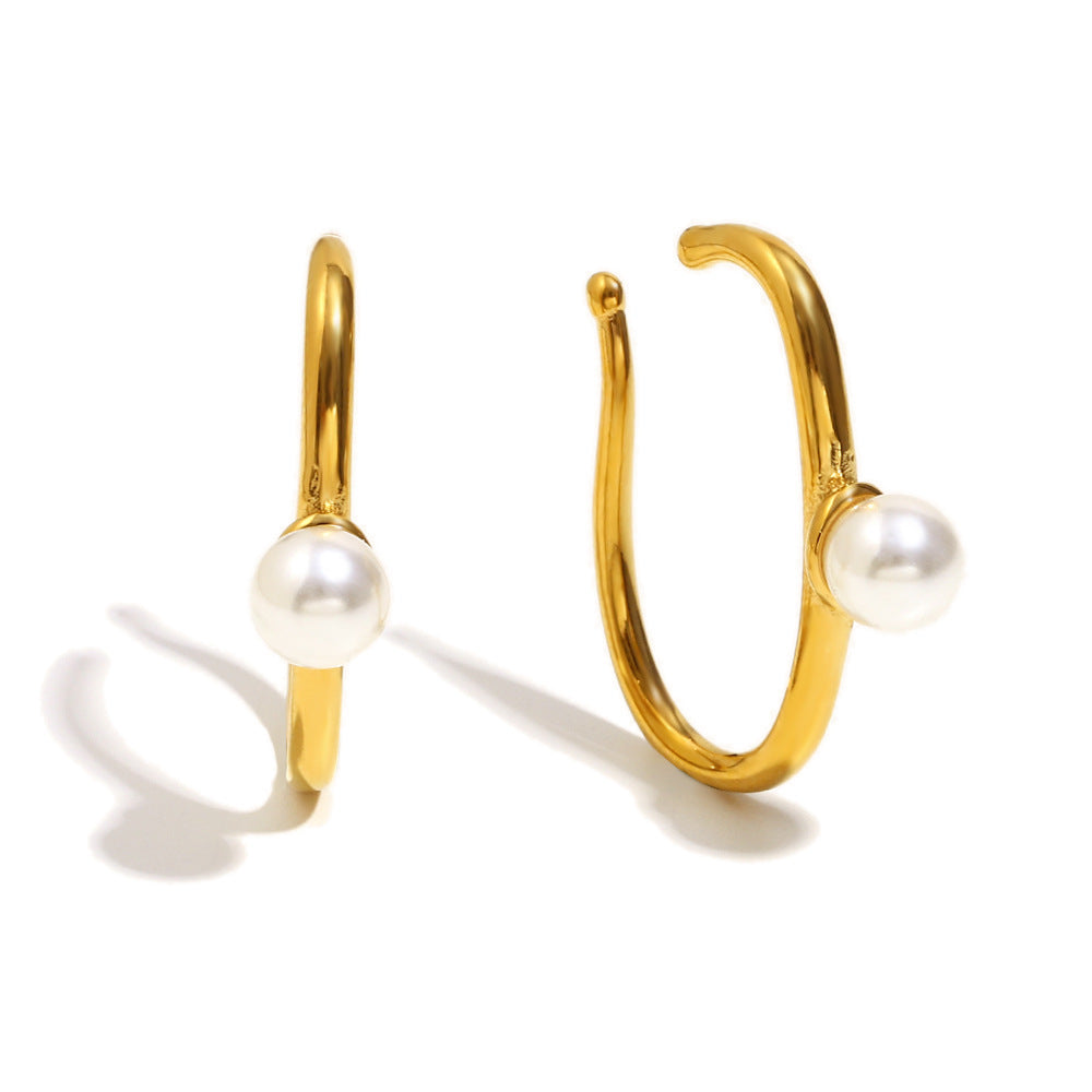 Minimalist Geometric Stainless Steel Ear Clips with 18K Gold Plating and Single Pearl Accent for Women