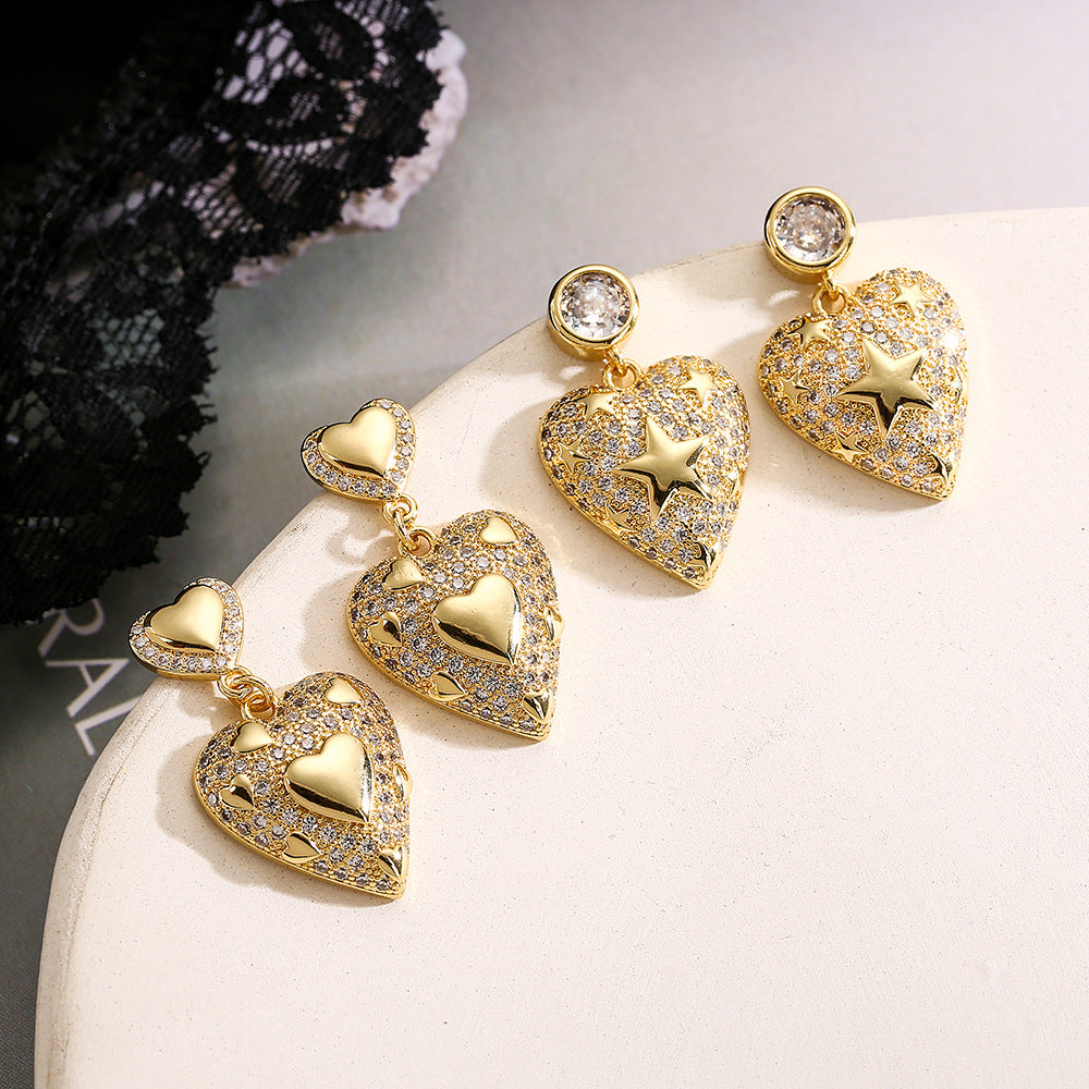 Orecchini Minimalisti a Cuore Geometrico in Zirconia per Donna in Rame con Design di Lusso Leggero e alla Moda