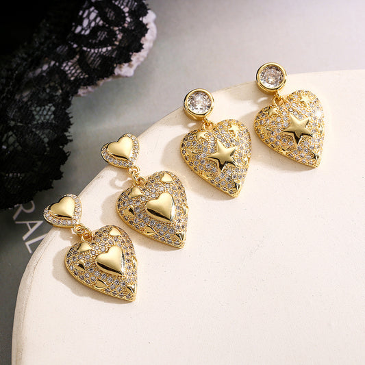 Orecchini Minimalisti a Cuore Geometrico in Zirconia per Donna in Rame con Design di Lusso Leggero e alla Moda