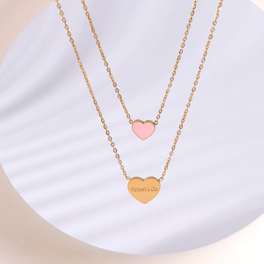 Minimalist Double-Layer Heart-Shaped Titanium Steel Necklace with Enamel Lettering and Gold Plating for Women