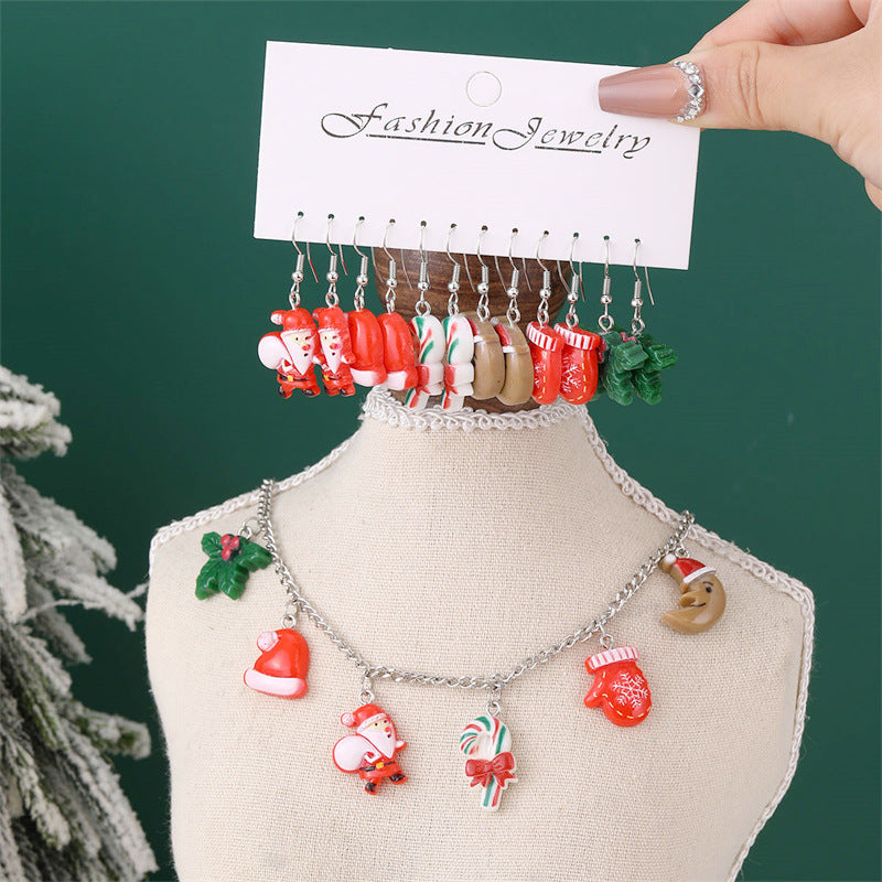 Set collana con ciondolo coordinato cappello e guanti di Babbo Natale, in resina, smaltato, con perline rotonde, per bambine