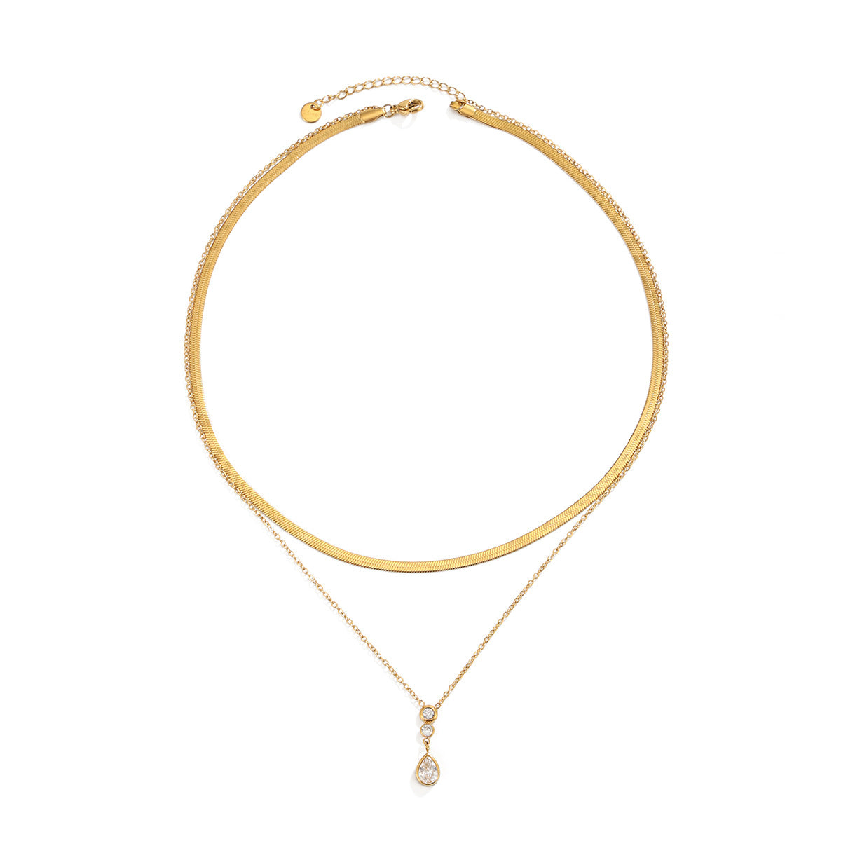Elegant 18K Gold Plated Stainless Steel Teardrop Cubic Zirconia Pendant Necklace Snake Chain