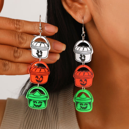 Halloween-Themed Acrylic Geometric Bat and Pumpkin Earrings with Printed Dark Horror Design for Women