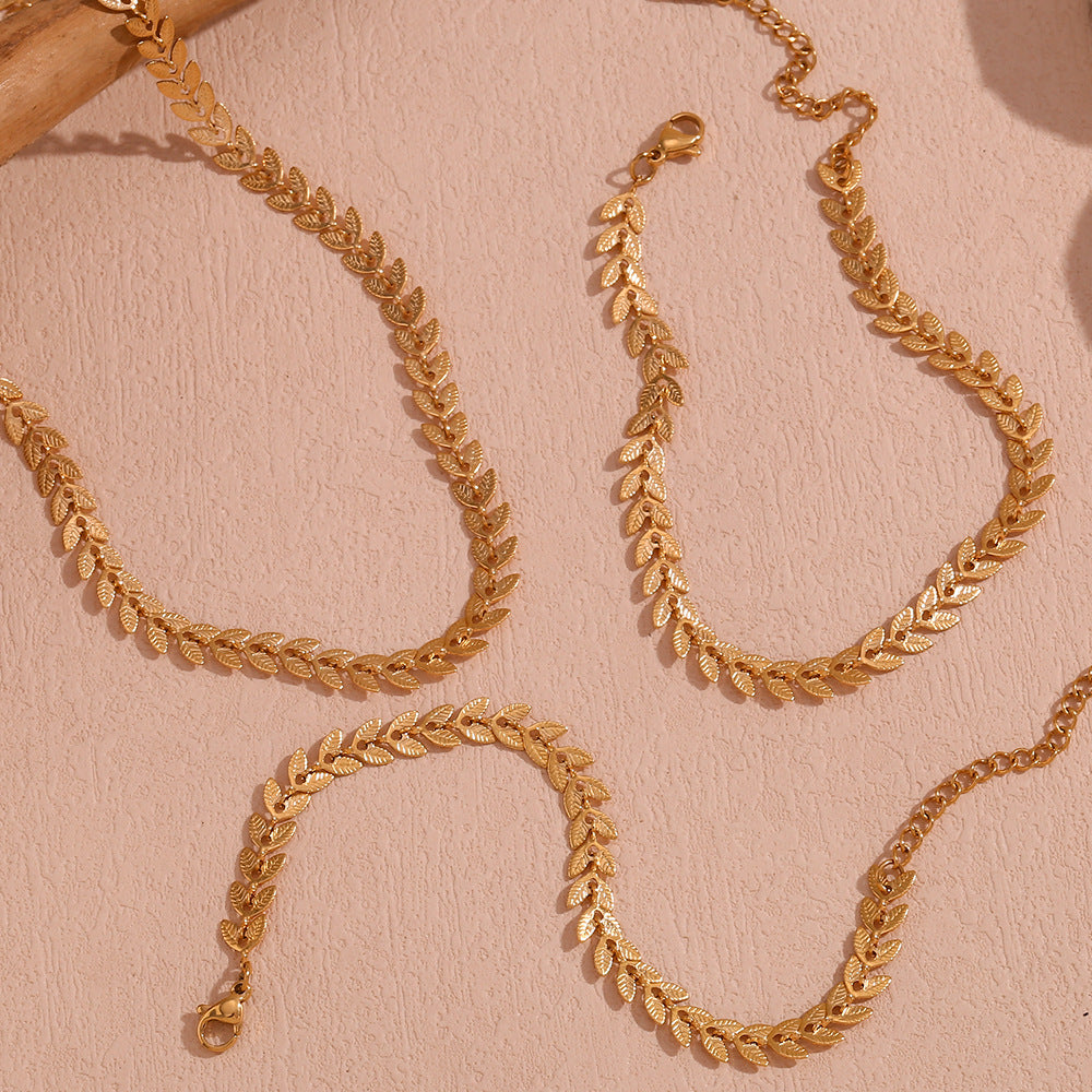 Minimalist Geometric Titanium Steel Bracelet and Anklet Set with 18K Gold Plated Leaf Pendant on Stainless Steel Chain