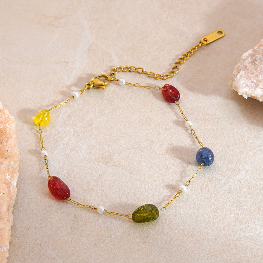 Set di collana e bracciale in acciaio inossidabile placcato oro 18K con design floreale rotondo, minimalista e grazioso, con perline di cristallo da donna