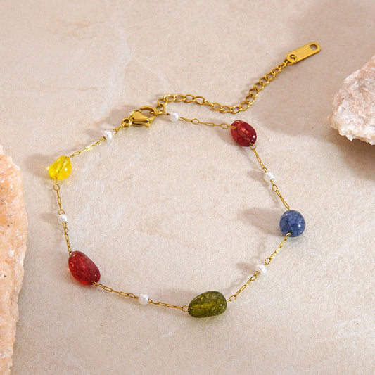 Sweet Minimalist Round Floral 18K Gold Plated Stainless Steel Necklace and Bracelet Set with Crystal Beads for Women