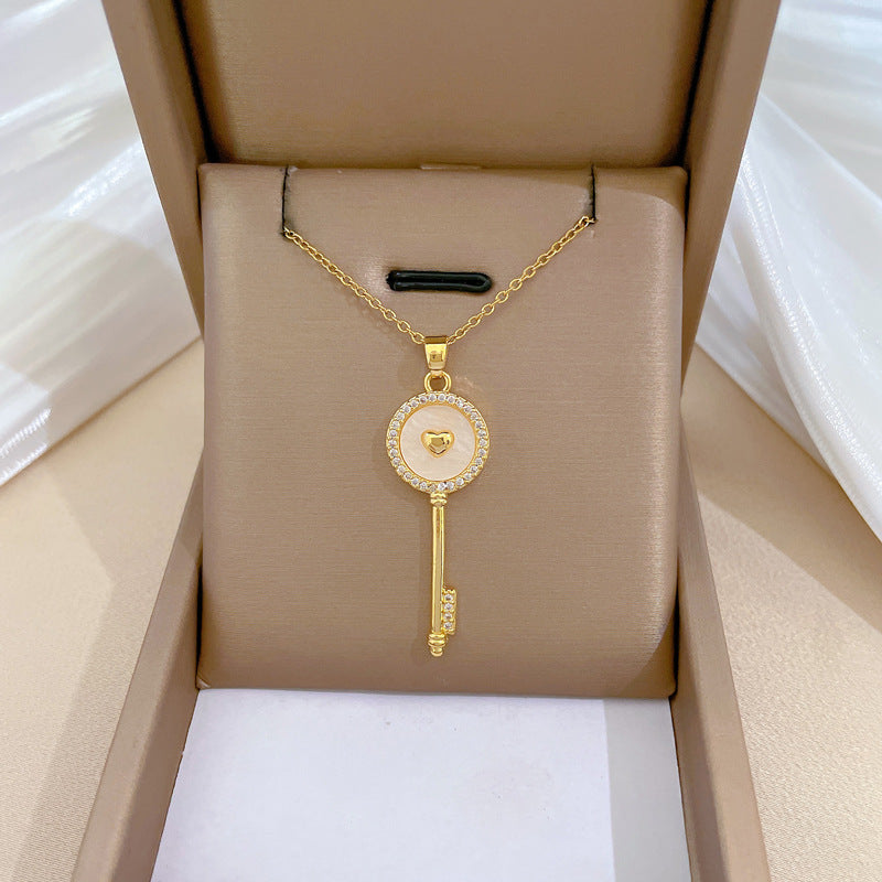 Luxury Titanium Steel Geometric Moon Pendant Necklace for Women and Men with Rhinestone Inlay