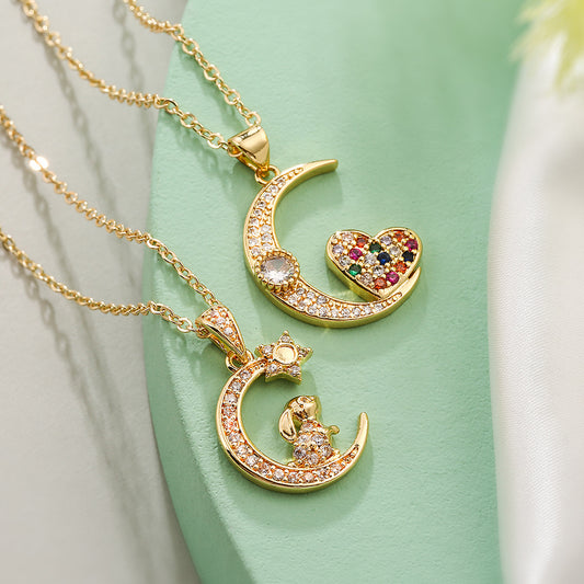 Collar con colgante minimalista de conejo lunar con corazón para mujer en cobre con baño de oro de 18K e incrustaciones de circonitas