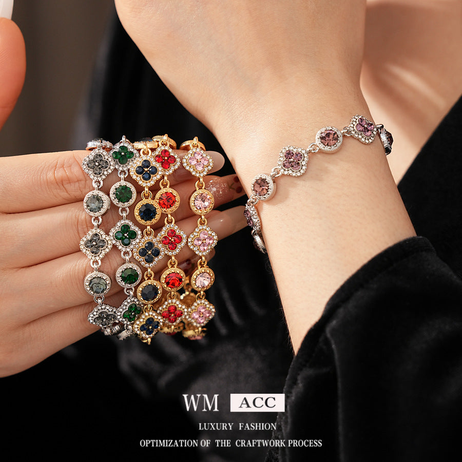 Vintage Floral Rhinestone Inlay Brass Bracelet for Women