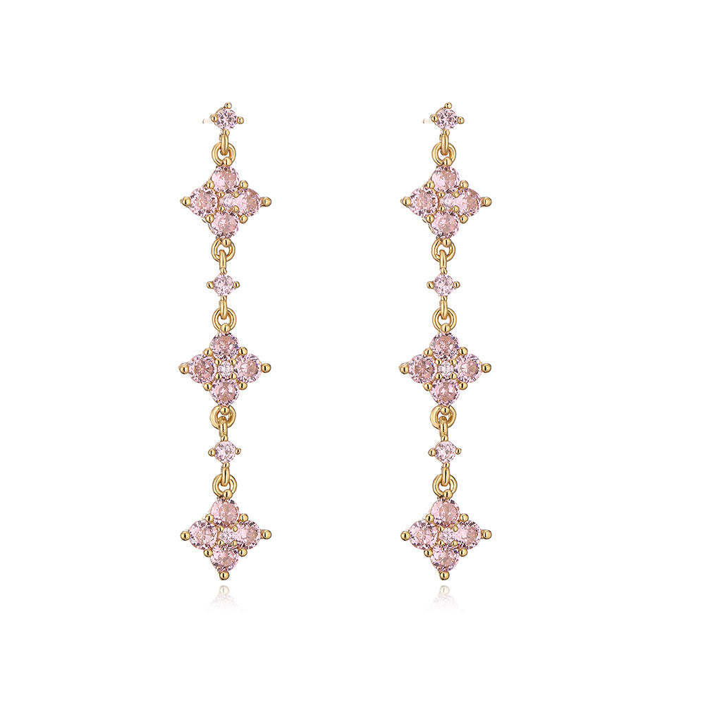 Geometric Dangle Stud Earrings for Women with Copper Base Plated in 18K Gold and Zircon Inlay