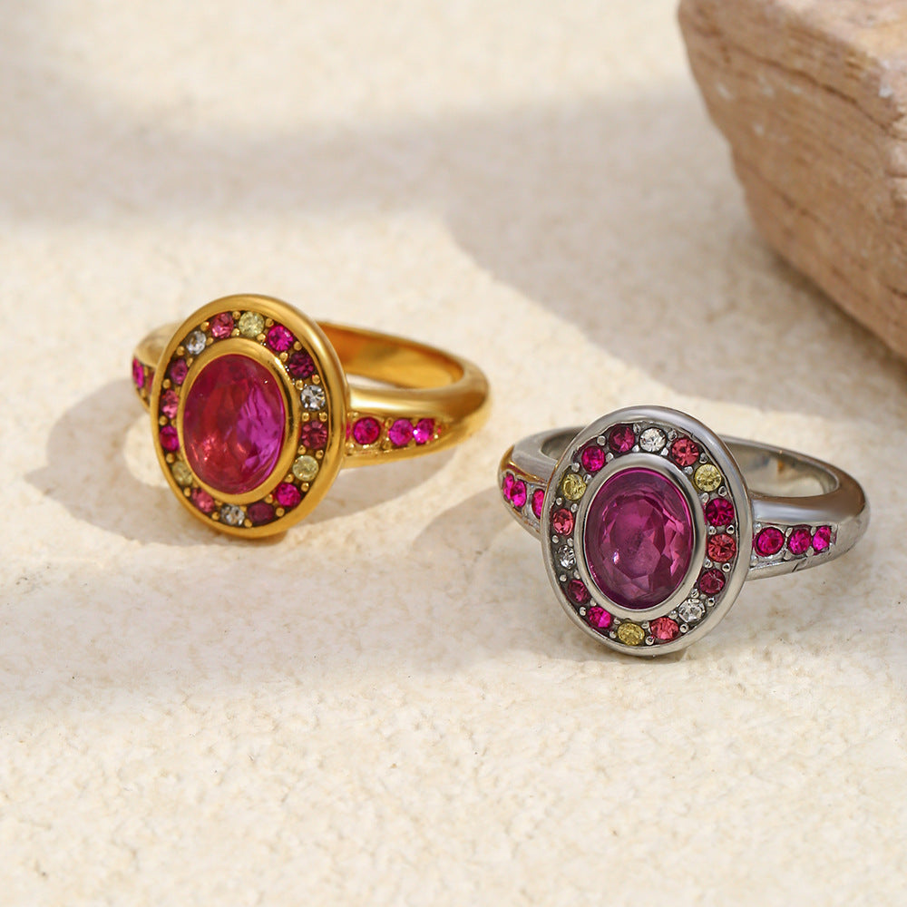 Minimalist Geometric Stainless Steel Ring with 18K Gold Plating and Colorful Zircon Inlay for Women