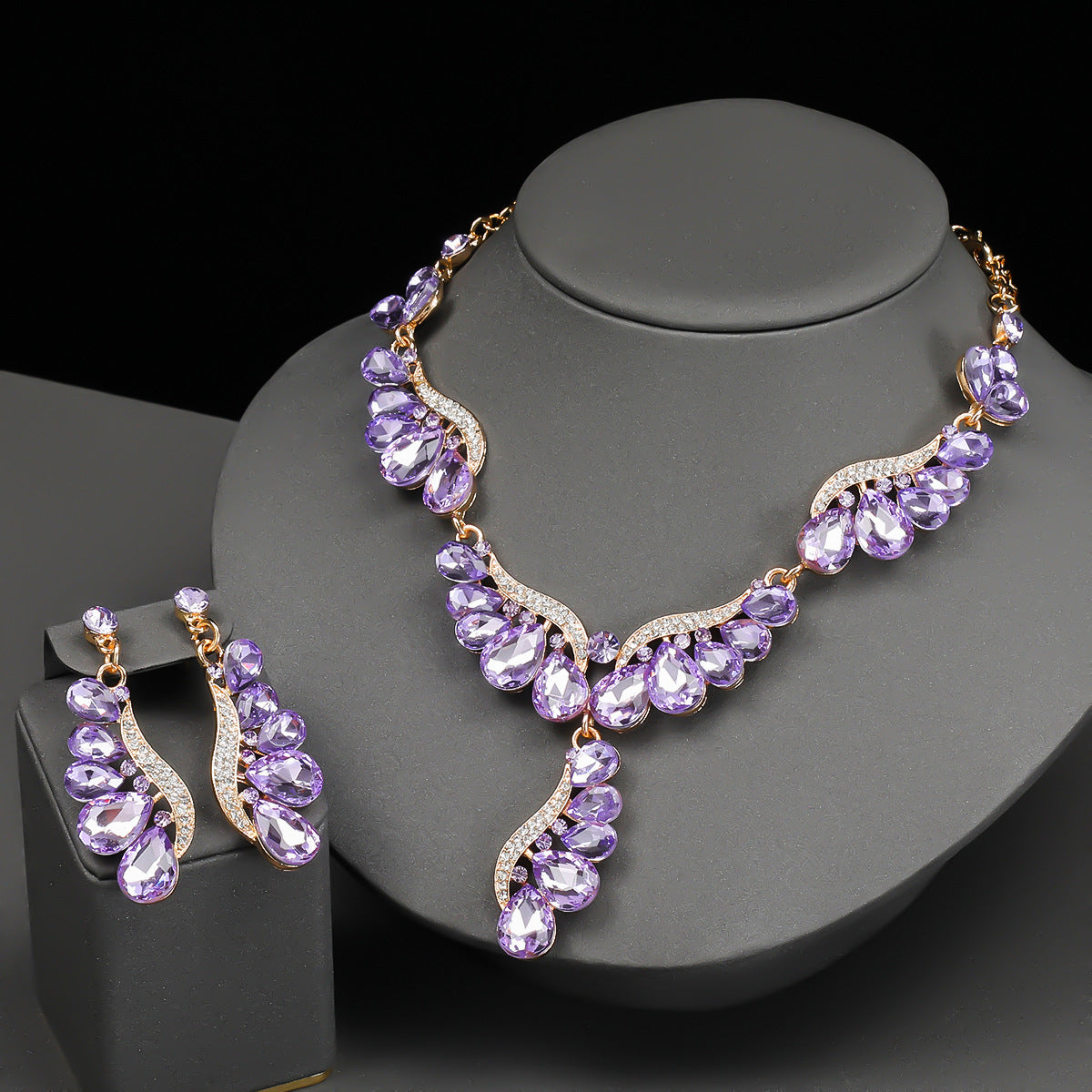Personalized Wing-Shaped Alloy Necklace and Earrings Set with Rhinestone Drop Pendant on O-Chain for Women