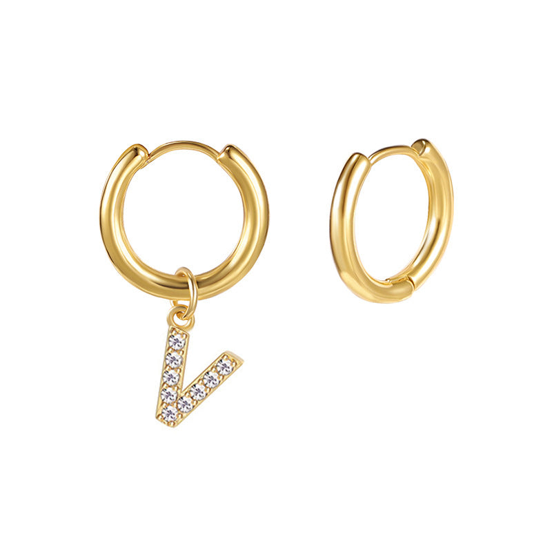 Minimalist Letter-Shaped Stainless Steel Pendant Earrings with 18K Gold Plating and Zircon Inlay