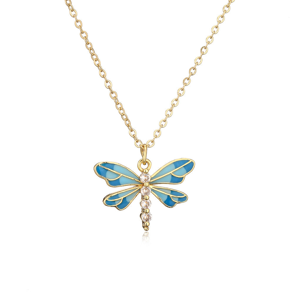 Minimalist Dragonfly-Shaped Enamel Pendant Necklace for Women with Copper Base and 18K Gold Plating