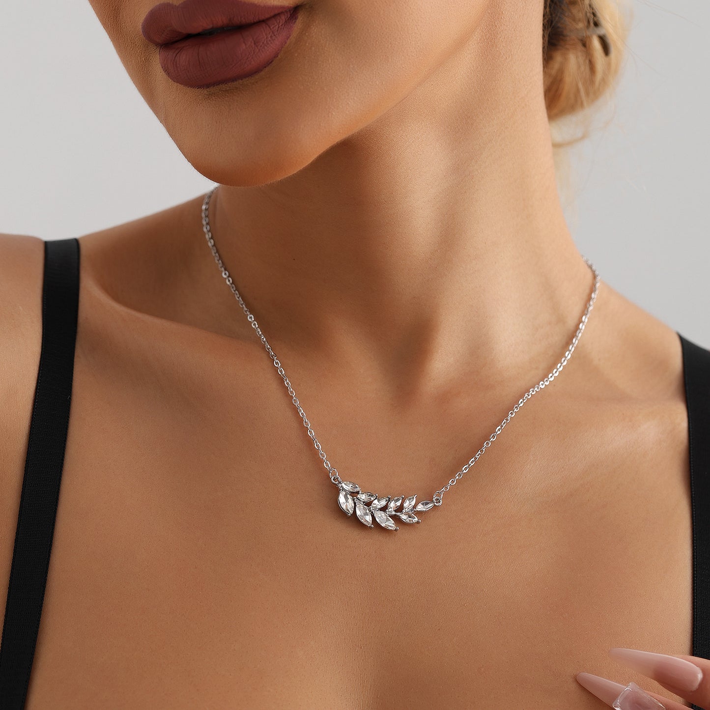 Minimalist Olive Branch Necklace with Rhinestone Accents in Plated Metal for Women