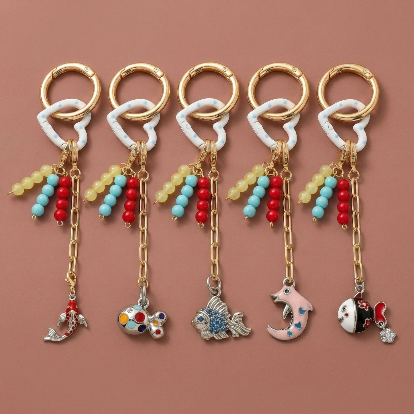 Minimalist Handmade Woven Beaded Keychain Charm Bar with Heart and Teardrop Pendants