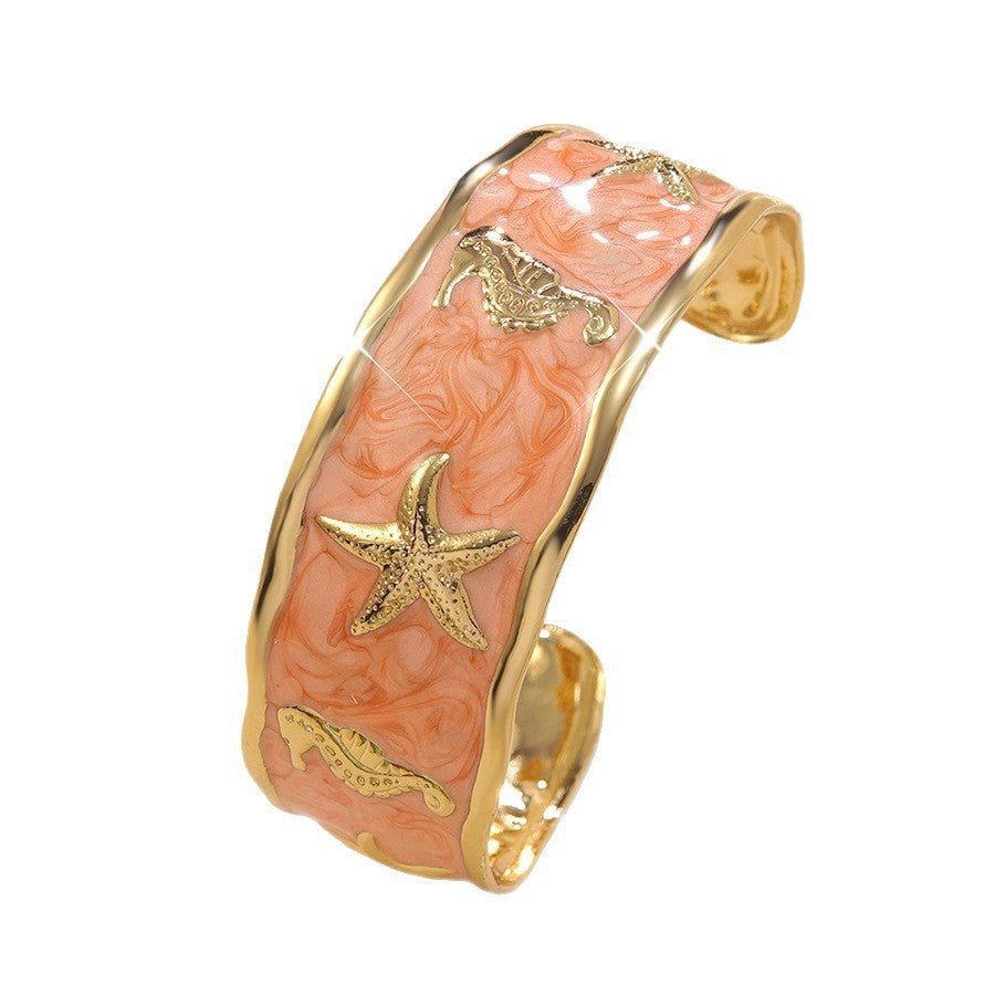 Elegant Drip Oil Stainless Steel Animal Cuff Bracelet with Starfish and Seahorse Design