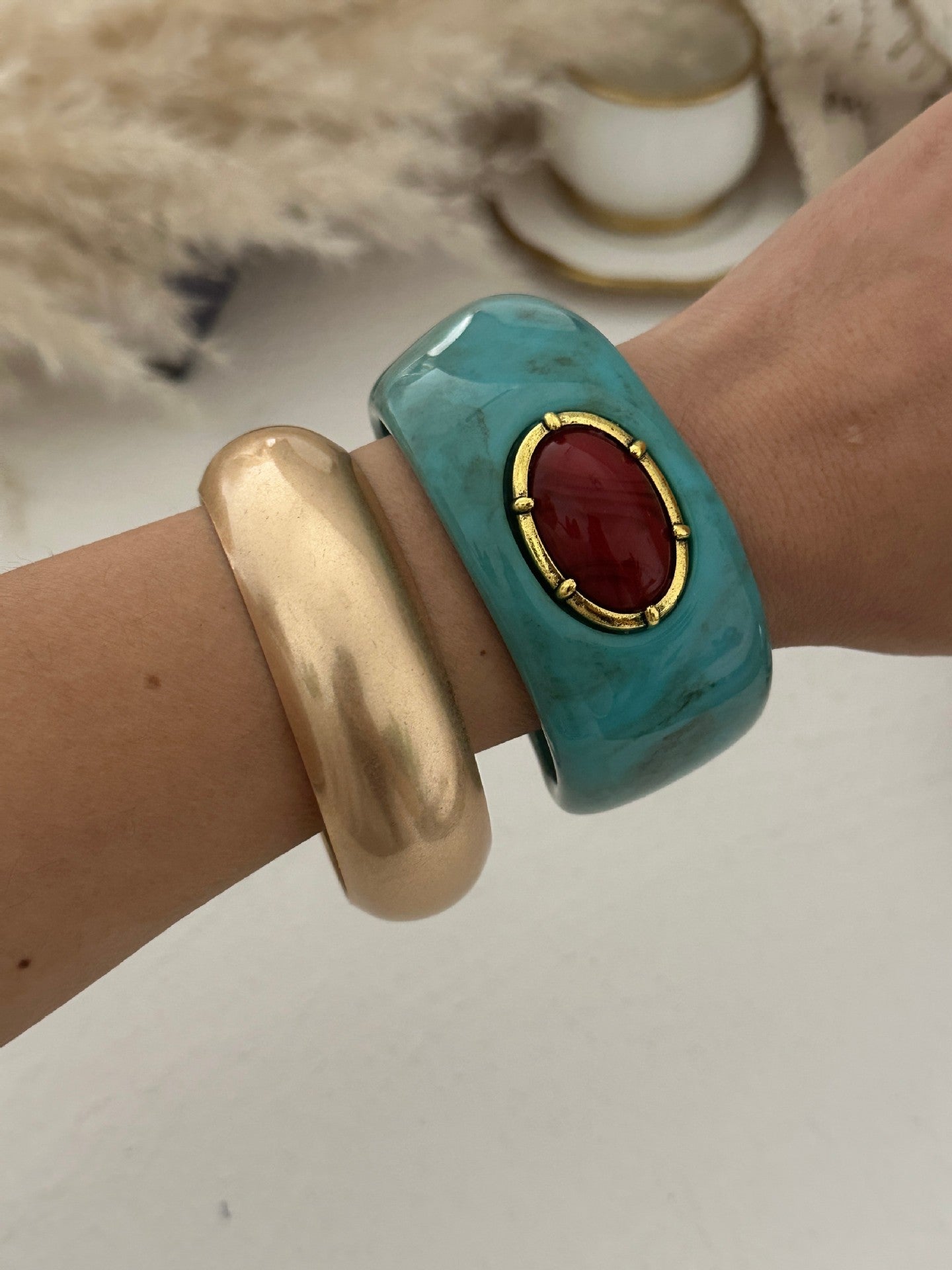 Bohemian Ethnic Round Oval Geometric Rhinestone Turquoise Inlay Plated Resin Bracelet