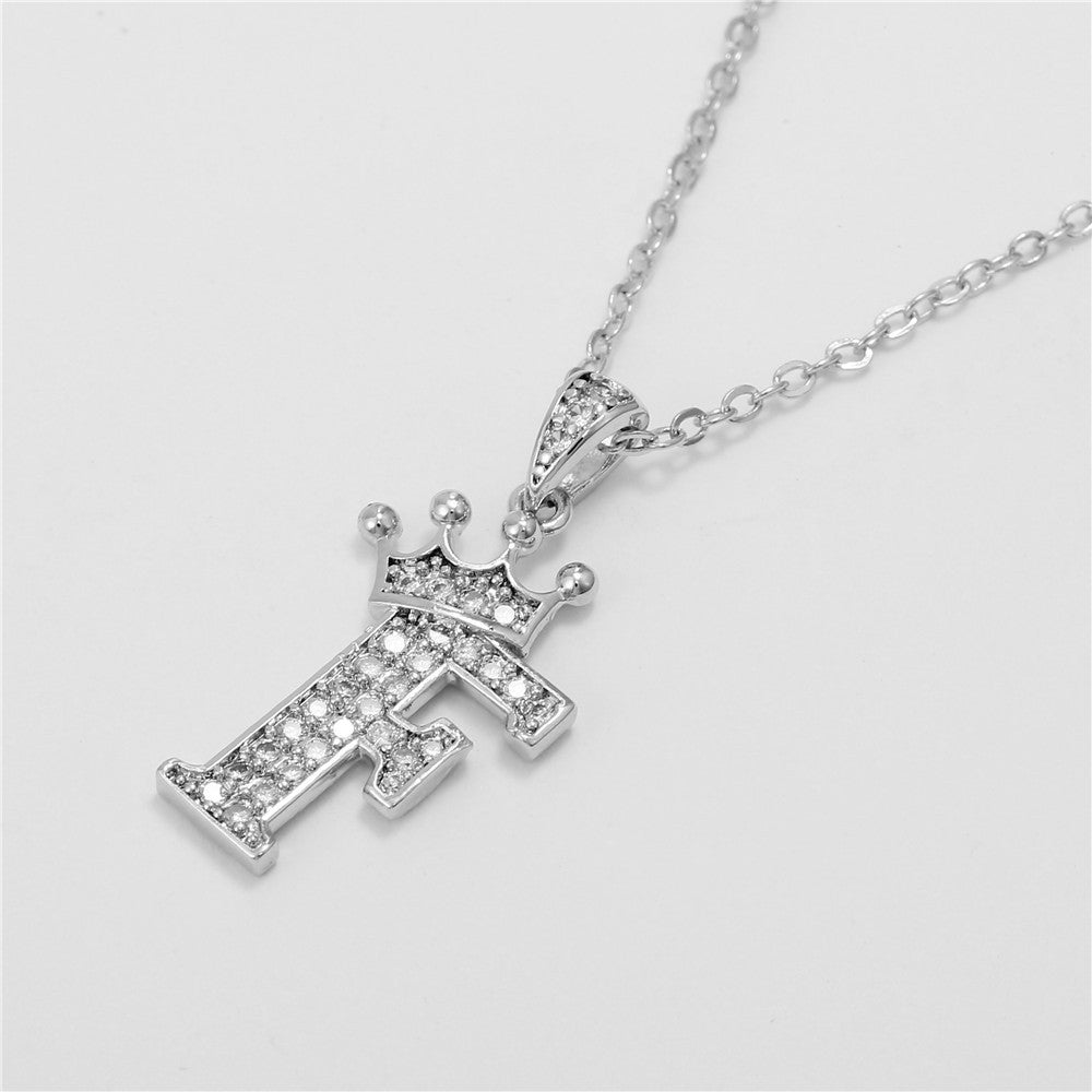 Minimalist Crown Letter Cubic Zirconia Micro-inlay Brass Necklace with Cable Chain