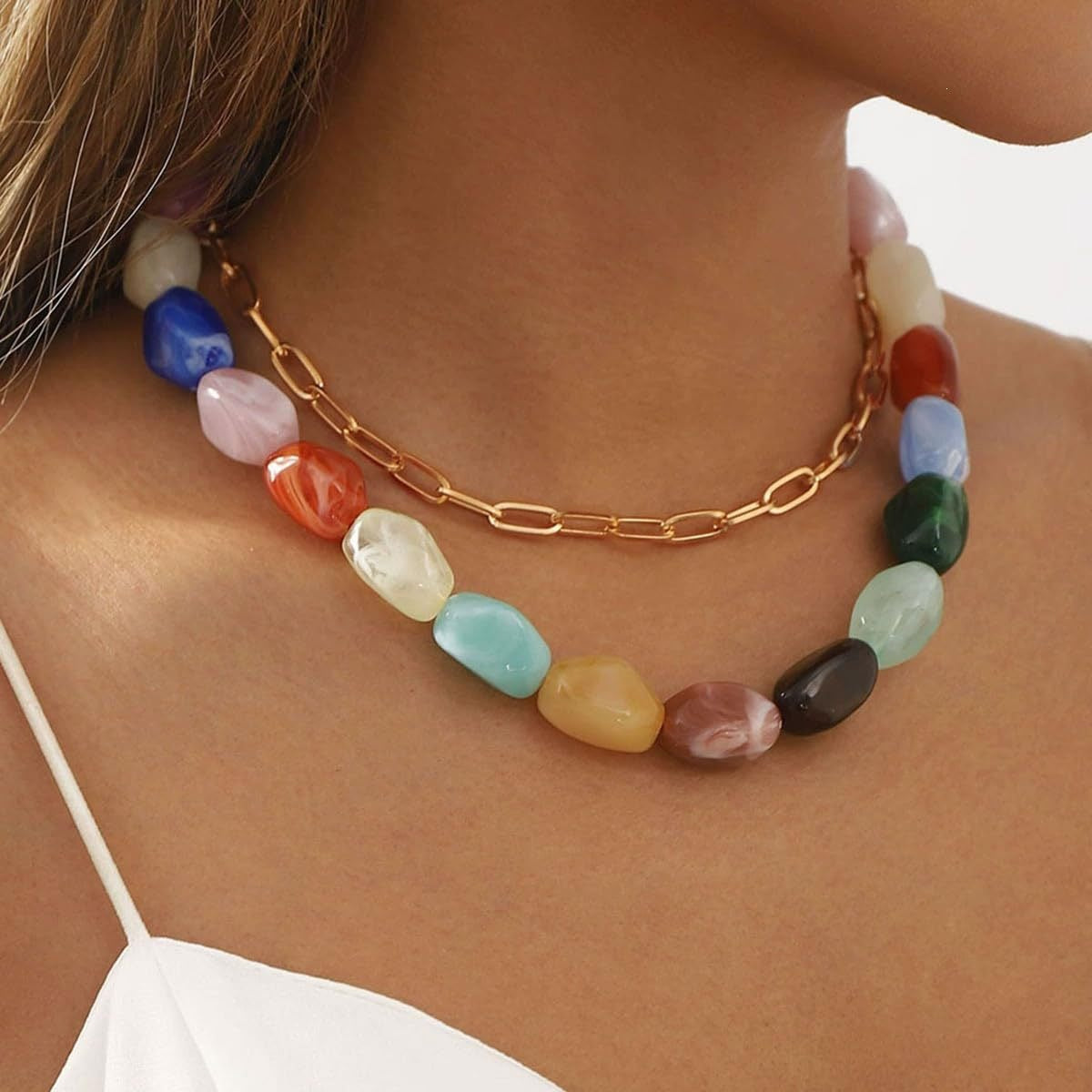 Casual Geometric Oval Resin Beaded Necklace Unisex Cable Chain